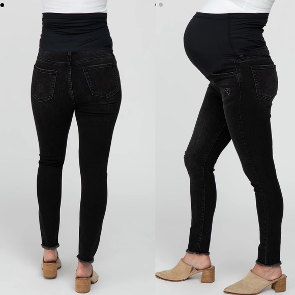 Pinkblush Faded Black Distressed Raw Hem Full Panel Maternity Jeans - Picture 2 of 10